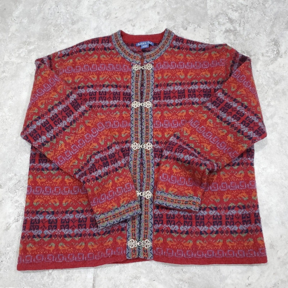 Vintage Eagles Eye Womans 100% Wool Cardigan Sweater Size Large Hook Clasp